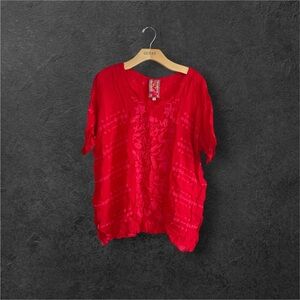 Johnny Was Red Embroidered Short Sleeve Blouse